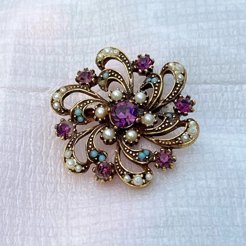 Vintage Purple Rhinestone Brooch Pin with Blue and Pearl Accents